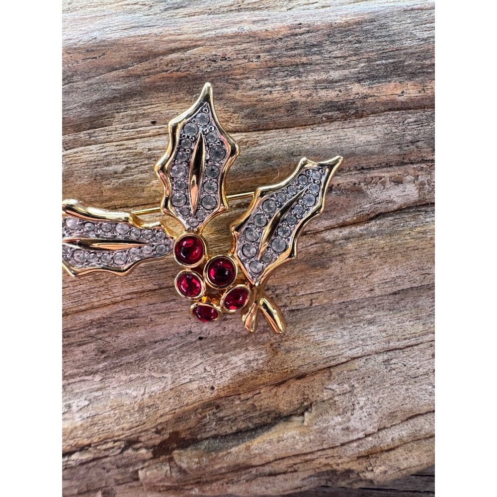 Signed Swarovski Holly Leaf Brooch Pin Clear Crystals Red Berry Cabochons Gold T